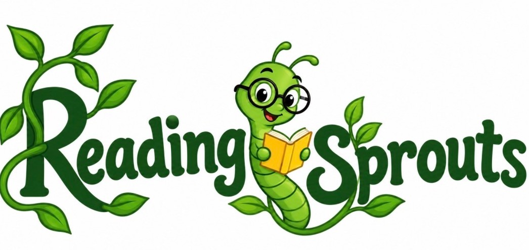 Reading Sprouts logo: a friendly green bookworm in glasses reading a yellow book